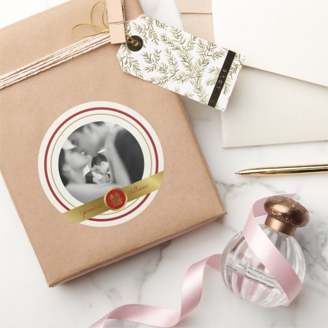 Pegatina Redonda Boda chino Golden Red Double Happiness (Regalar)