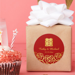 Pegatina Redonda Boda chino rosa floral papeleo rojo y oro