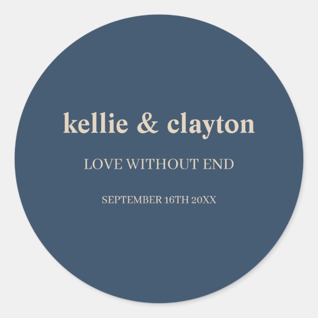 Pegatina Redonda Boda Clásica Azul Tipo Moderno (Anverso)