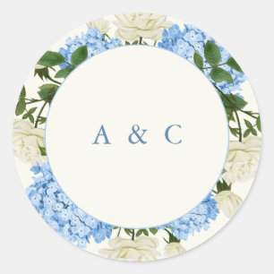 Pegatina Redonda Boda Clásica de Hortensia Azul y Rosa Blanca con M