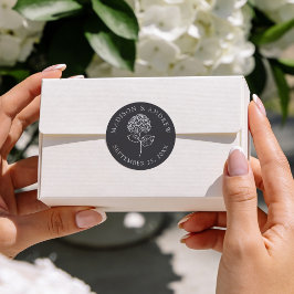 Pegatina Redonda Boda Clásica de Hortensias con Carbón Vegetal