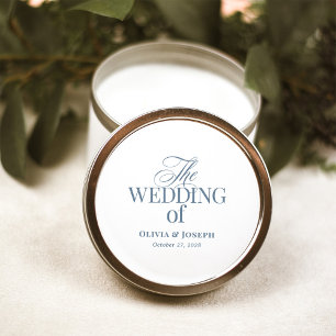 Pegatina Redonda Boda Clásica Lujo Elegante Blanca y Azul Polvorien