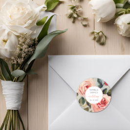 Pegatina Redonda Boda Clásico De Flores Rojas Y Rosa Florales