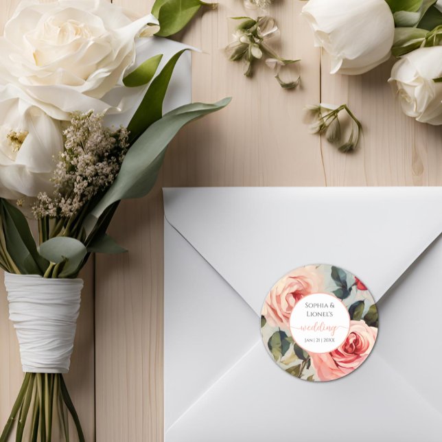 Pegatina Redonda Boda Clásico De Flores Rojas Y Rosa Florales (Subido por el creador)