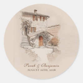 Pegatina Redonda Boda con Boceto de Villa Italiana de Terracota