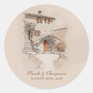Pegatina Redonda Boda con Boceto de Villa Italiana de Terracota