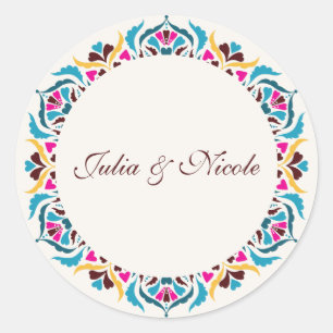 Pegatina Redonda Boda con borde de estilo floral de marfil de lujo