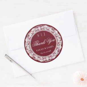Pegatina Redonda Boda con dinero antiguo Burgundy Blanco Encaje Gra