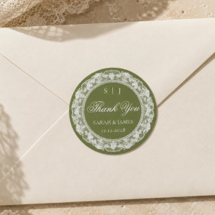 Pegatina Redonda Boda con dinero antiguo Oliva Blanco Encaje Gracia