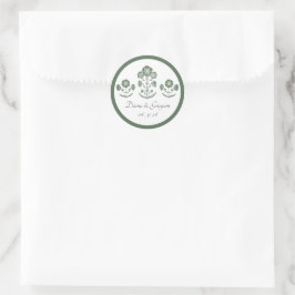 Pegatina Redonda Boda con estampado botánico verde y blanco