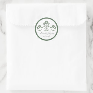 Pegatina Redonda Boda con estampado botánico verde y blanco