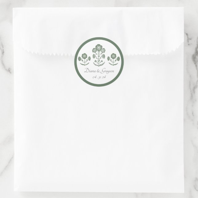 Pegatina Redonda Boda con estampado botánico verde y blanco (Bolso)