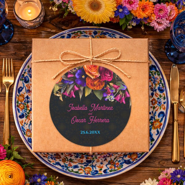 Pegatina Redonda Boda con flores mexicanas elegantes (Subido por el creador)