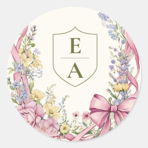 Pegatina Redonda Boda con marco floral vintage