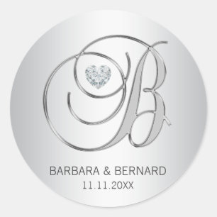 Pegatina Redonda Boda con monograma de plata elegante de encargo de