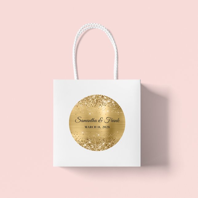 Pegatina Redonda Boda con papel de oro brillante (Glittery Gold Foil Wedding Classic Round Sticker)