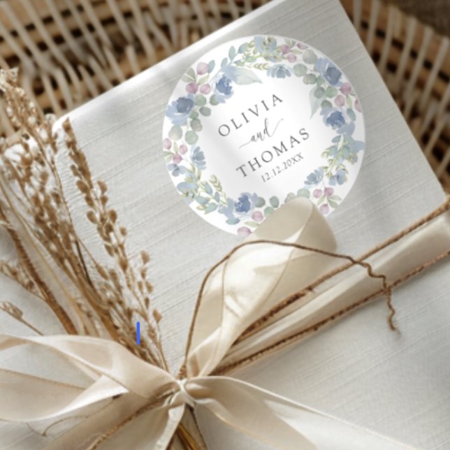 Pegatina Redonda Boda Corona Floral Boho Azul (Subido por el creador)