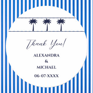 Pegatina Redonda Boda costero de palmeras blancas de la marina grac