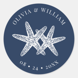Pegatina Redonda Boda costero Marina Blue Starfish Beach