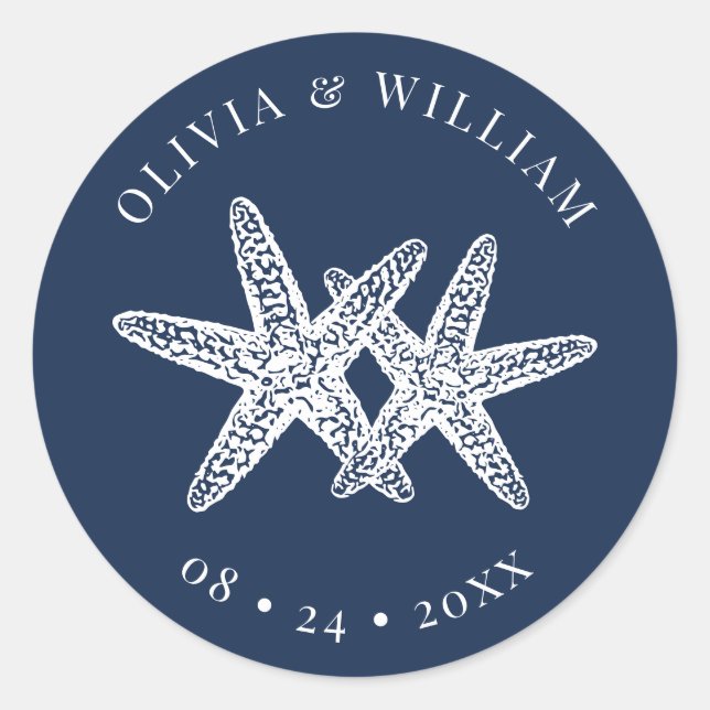Pegatina Redonda Boda costero Marina Blue Starfish Beach (Anverso)