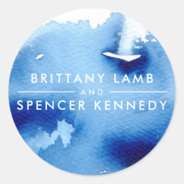 Pegatina Redonda BODA COUPLE color de agua azul marino moderno