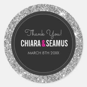 Pegatina Redonda BODA COUPLE SEAL moderno purpurina plateado negro