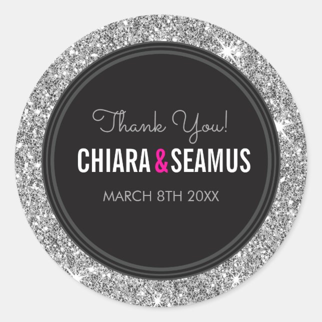 Pegatina Redonda BODA COUPLE SEAL moderno purpurina plateado negro (Anverso)