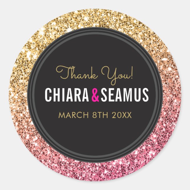 Pegatina Redonda BODA COUPLE SEAL purpurina dorado rosa moderno neg (Anverso)