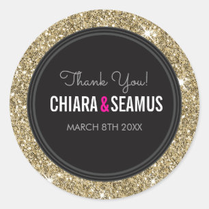 Pegatina Redonda BODA COUPLE SEAL purpurina oro moderno negro