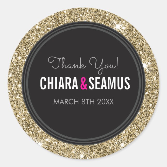 Pegatina Redonda BODA COUPLE SEAL purpurina oro moderno negro (Anverso)
