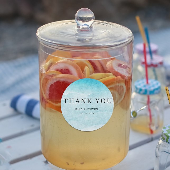 Pegatina Redonda Boda de acuarela azul del océano moderno gracias (Subido por el creador)