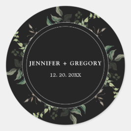 Pegatina Redonda Boda de acuarela botánica de color blanco negro