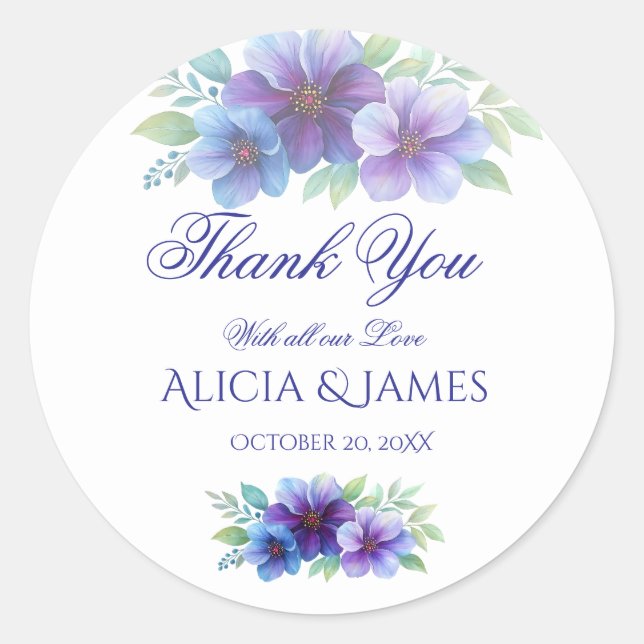 Pegatina Redonda Boda de acuarela botánica púrpura romántico azul (Anverso)