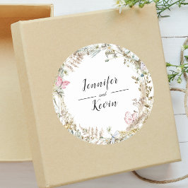 Pegatina Redonda Boda de Acuarela con Vegetación Botánica Elegante