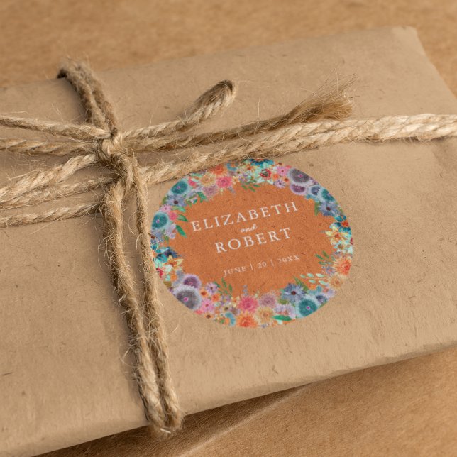 Pegatina Redonda Boda de acuarela de Boho Burnt Naranja Wildflower (Subido por el creador)