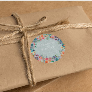 Pegatina Redonda Boda de acuarela de Flor salvaje azul brillante br