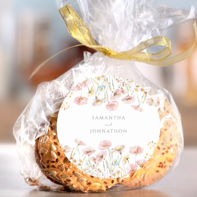 Pegatina Redonda Boda de acuarela de flores silvestres rosadas pers (Subido por el creador)