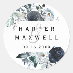Pegatina Redonda Boda de acuarela de la Marina Blanca Boho