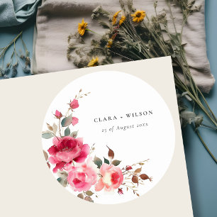 Pegatina Redonda Boda de acuarela de las flores rosadas rojas de Bo