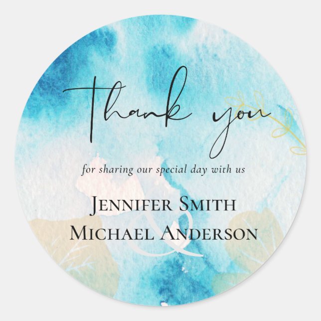 Pegatina Redonda BODA de acuarela de los tonos de vidrio del mar (Anverso)