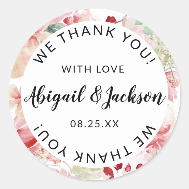 Pegatina Redonda Boda de acuarela de Peach Water Gracias con Amor F (Anverso)