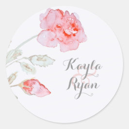 Pegatina Redonda Boda de acuarela de rosas rosadas