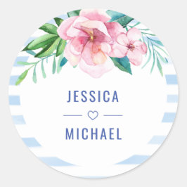 Pegatina Redonda Boda de acuarela de verano floral tropical de play
