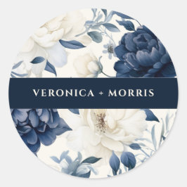 Pegatina Redonda Boda de acuarela dorada azul marino y floral blanc
