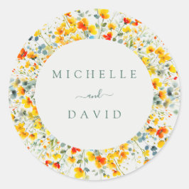 Pegatina Redonda Boda de acuarela floral brillante