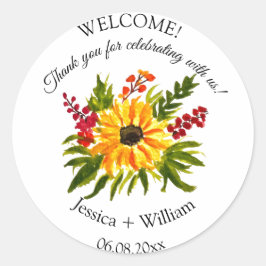 Pegatina Redonda Boda de acuarela floral de girasol