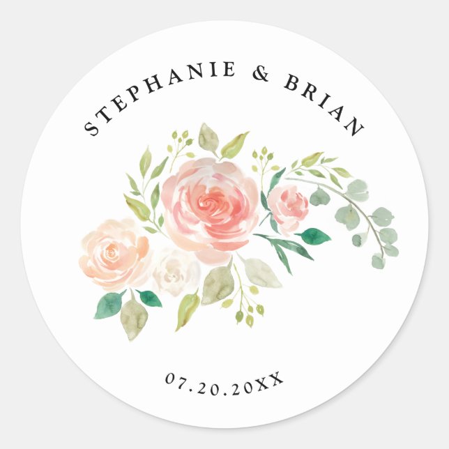 Pegatina Redonda boda de acuarela floral naranja rosa Rubor (Anverso)