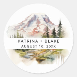 Pegatina Redonda Boda de acuarela Mount Rainier Washington