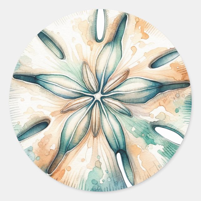 Pegatina Redonda Boda de acuarela Sand Dollar Ocean Splash Sea (Anverso)
