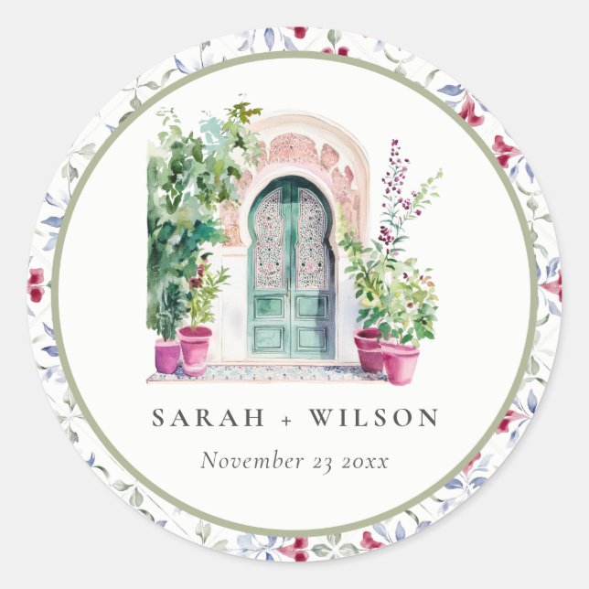 Pegatina Redonda Boda de acuarela tropical marroquí (Anverso)